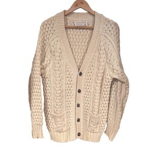Slieve League Cardigan 42 Cream Wool Handloomed Ireland Fisherman Cable Knit